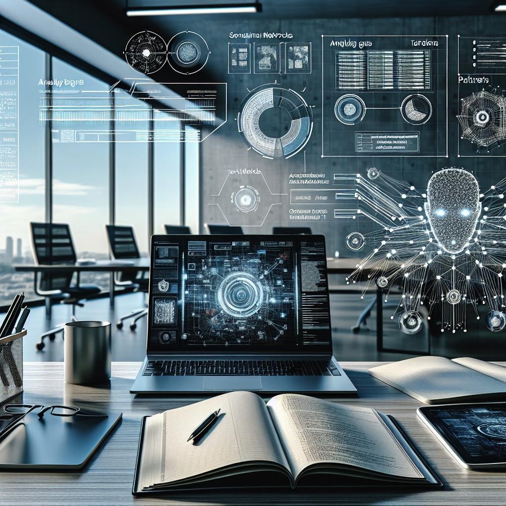 Moderne Büroszene mit Laptop, Notizbüchern, Tablet und Whiteboard mit technischen Diagrammen, die KI-gestützte Content-Überwachung darstellen