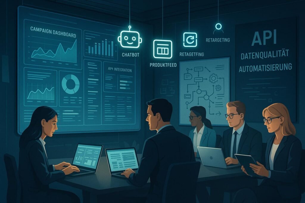 Professionelle Team arbeitet in einem hochmodernen digitalen Büro mit großen Bildschirm, Whiteboard mit Flussdiagrammen und Symbolen für Chatbots, API und Automatisierung.