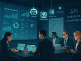 Professionelle Team arbeitet in einem hochmodernen digitalen Büro mit großen Bildschirm, Whiteboard mit Flussdiagrammen und Symbolen für Chatbots, API und Automatisierung.