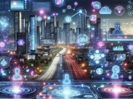 Holographisches Nutzer-Dashboard mit Datenvisualisierungen, Chatbots und AI-Icons vor einer futuristischen Stadt im Kontext moderner Webdesign-Innovation.