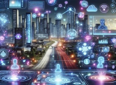 Holographisches Nutzer-Dashboard mit Datenvisualisierungen, Chatbots und AI-Icons vor einer futuristischen Stadt im Kontext moderner Webdesign-Innovation.