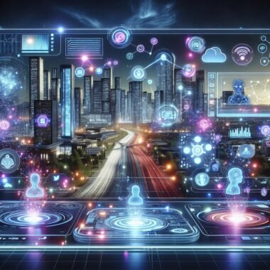 Holographisches Nutzer-Dashboard mit Datenvisualisierungen, Chatbots und AI-Icons vor einer futuristischen Stadt im Kontext moderner Webdesign-Innovation.