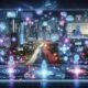 Holographisches Nutzer-Dashboard mit Datenvisualisierungen, Chatbots und AI-Icons vor einer futuristischen Stadt im Kontext moderner Webdesign-Innovation.