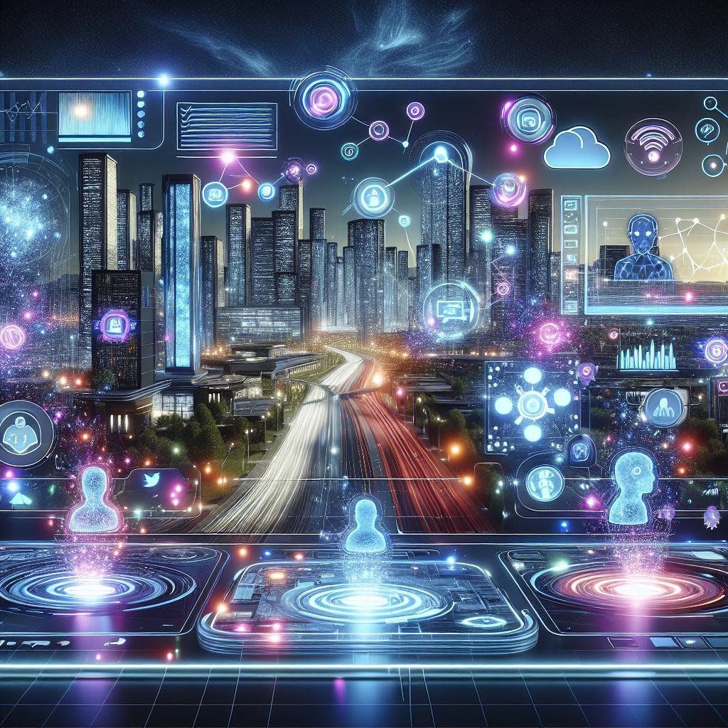 Holographisches Nutzer-Dashboard mit Datenvisualisierungen, Chatbots und AI-Icons vor einer futuristischen Stadt im Kontext moderner Webdesign-Innovation.