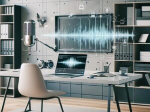 Modernes Arbeitszimmer mit Laptop, Mikrofon, digitaler Sprachwellen-Analyse, großem Display mit transkribiertem Text und geschlossenen Regalen im Hintergrund, symbolisiert Hightech-Umgebung.