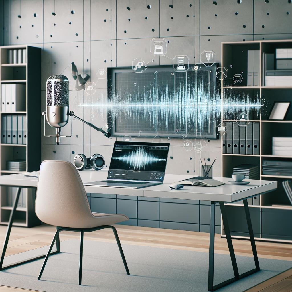 Modernes Arbeitszimmer mit Laptop, Mikrofon, digitaler Sprachwellen-Analyse, großem Display mit transkribiertem Text und geschlossenen Regalen im Hintergrund, symbolisiert Hightech-Umgebung.