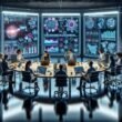 Teamarbeit in einem hochmodernen Marketing-Arbeitsraum mit digitalen Bildschirmen, holographischen Overlays und AI-gestützter Datenanalyse von Tobias Hager, 404 Magazine