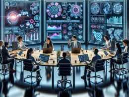 Teamarbeit in einem hochmodernen Marketing-Arbeitsraum mit digitalen Bildschirmen, holographischen Overlays und AI-gestützter Datenanalyse von Tobias Hager, 404 Magazine