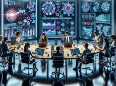 Teamarbeit in einem hochmodernen Marketing-Arbeitsraum mit digitalen Bildschirmen, holographischen Overlays und AI-gestützter Datenanalyse von Tobias Hager, 404 Magazine