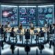 Teamarbeit in einem hochmodernen Marketing-Arbeitsraum mit digitalen Bildschirmen, holographischen Overlays und AI-gestützter Datenanalyse von Tobias Hager, 404 Magazine