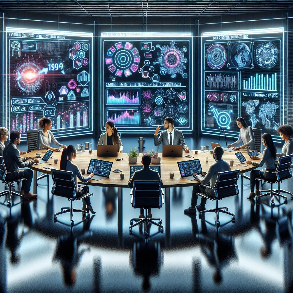 Teamarbeit in einem hochmodernen Marketing-Arbeitsraum mit digitalen Bildschirmen, holographischen Overlays und AI-gestützter Datenanalyse von Tobias Hager, 404 Magazine