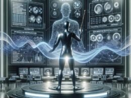 Ein moderner Digitaldirigent auf der Bühne mit holografischen Displays, Soundwellen und Server-Rack, die technologische Kontrolle und Inhaltsstrukturen darstellen.