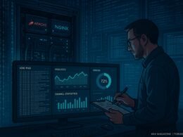 Technische Szene eines Server-Racks mit geöffneten Servern, überwacht von einem SEO-Experten, mit Echtzeit-Log-Daten und Dashboards in einem modernen High-Tech-Umfeld