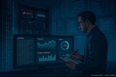 Technische Szene eines Server-Racks mit geöffneten Servern, überwacht von einem SEO-Experten, mit Echtzeit-Log-Daten und Dashboards in einem modernen High-Tech-Umfeld