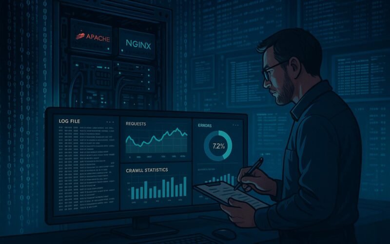 Technische Szene eines Server-Racks mit geöffneten Servern, überwacht von einem SEO-Experten, mit Echtzeit-Log-Daten und Dashboards in einem modernen High-Tech-Umfeld