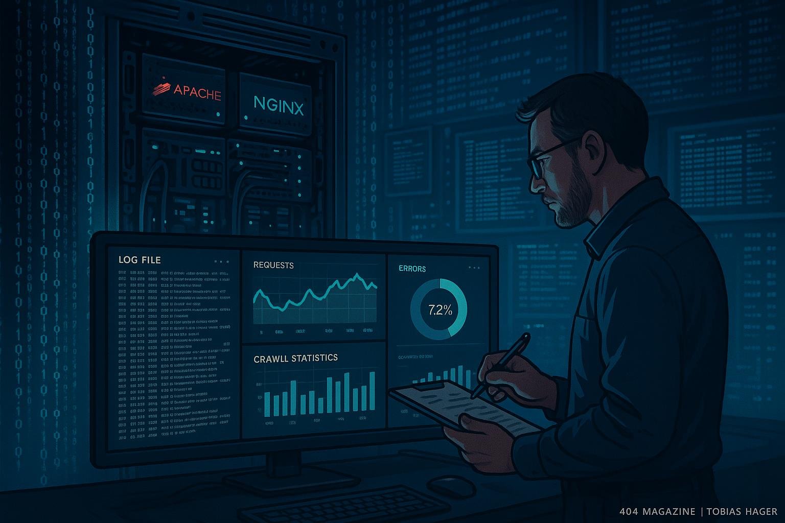 Technische Szene eines Server-Racks mit geöffneten Servern, überwacht von einem SEO-Experten, mit Echtzeit-Log-Daten und Dashboards in einem modernen High-Tech-Umfeld