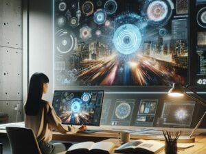 Moderner Arbeitsplatz mit digitalem Bildschirm, der lebendige KI-generierte Grafiken zeigt, und einem kreativen Profi an einem minimalistischen Schreibtisch, umgeben von Design-Werkzeugen und futuristischen Elementen.