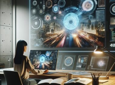 Moderner Arbeitsplatz mit digitalem Bildschirm, der lebendige KI-generierte Grafiken zeigt, und einem kreativen Profi an einem minimalistischen Schreibtisch, umgeben von Design-Werkzeugen und futuristischen Elementen.