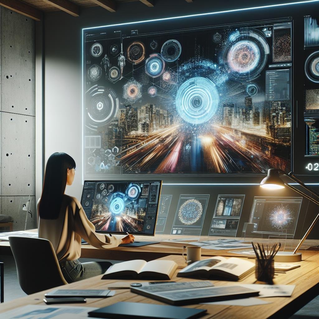 Moderner Arbeitsplatz mit digitalem Bildschirm, der lebendige KI-generierte Grafiken zeigt, und einem kreativen Profi an einem minimalistischen Schreibtisch, umgeben von Design-Werkzeugen und futuristischen Elementen.