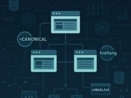 Modernes Dashboard-Design mit Webseiten-Servern, Linkstrukturen, SEO-Symbolen und technischen Grafiken in Blau-, Grau- und Grüntönen