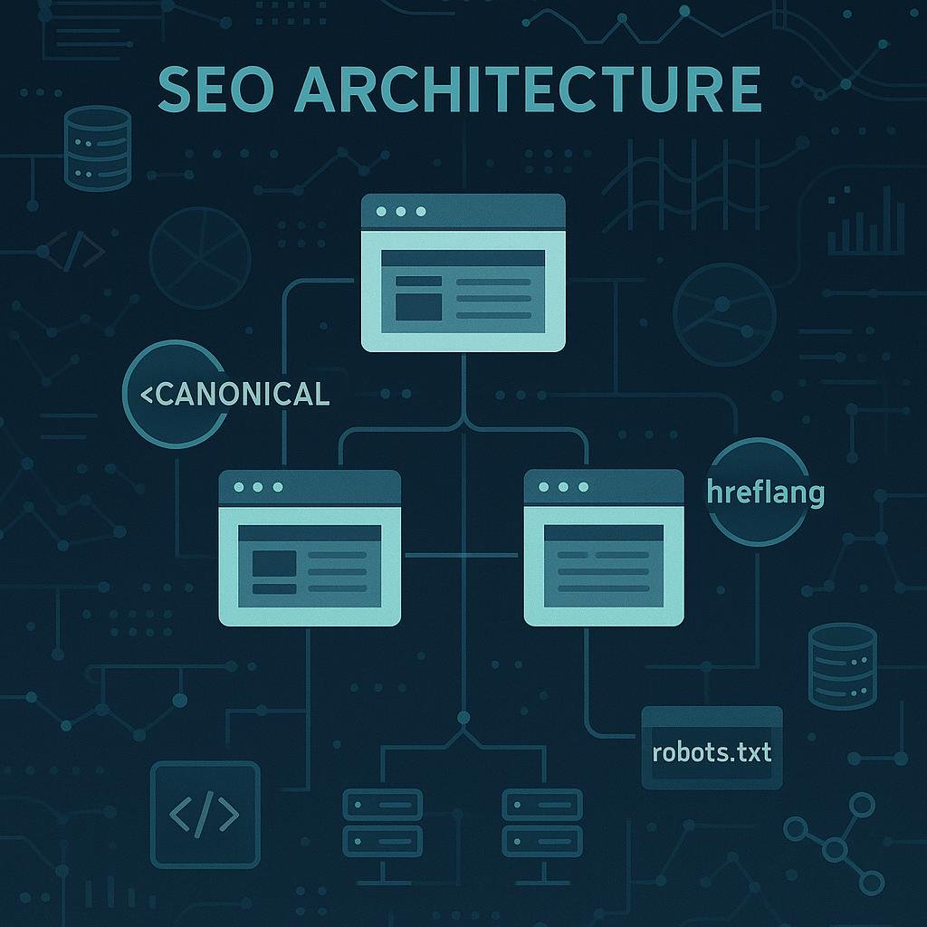 Modernes Dashboard-Design mit Webseiten-Servern, Linkstrukturen, SEO-Symbolen und technischen Grafiken in Blau-, Grau- und Grüntönen