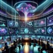 Futuristische digitale Marketingsteuerzentrale mit holographischen Schnittstellen, neuronalen Netzwerken und KI-Modellen in einem hochmodernen Umfeld, das Innovation und Automatisierung darstellt.