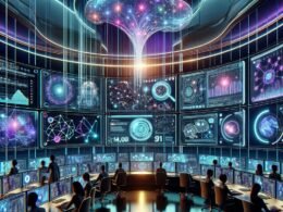 Futuristische digitale Marketingsteuerzentrale mit holographischen Schnittstellen, neuronalen Netzwerken und KI-Modellen in einem hochmodernen Umfeld, das Innovation und Automatisierung darstellt.