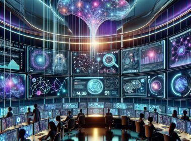 Futuristische digitale Marketingsteuerzentrale mit holographischen Schnittstellen, neuronalen Netzwerken und KI-Modellen in einem hochmodernen Umfeld, das Innovation und Automatisierung darstellt.