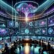Futuristische digitale Marketingsteuerzentrale mit holographischen Schnittstellen, neuronalen Netzwerken und KI-Modellen in einem hochmodernen Umfeld, das Innovation und Automatisierung darstellt.