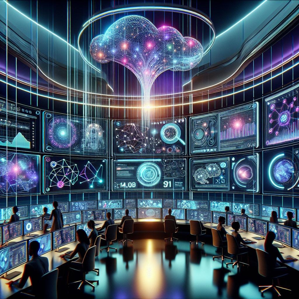 Futuristische digitale Marketingsteuerzentrale mit holographischen Schnittstellen, neuronalen Netzwerken und KI-Modellen in einem hochmodernen Umfeld, das Innovation und Automatisierung darstellt.
