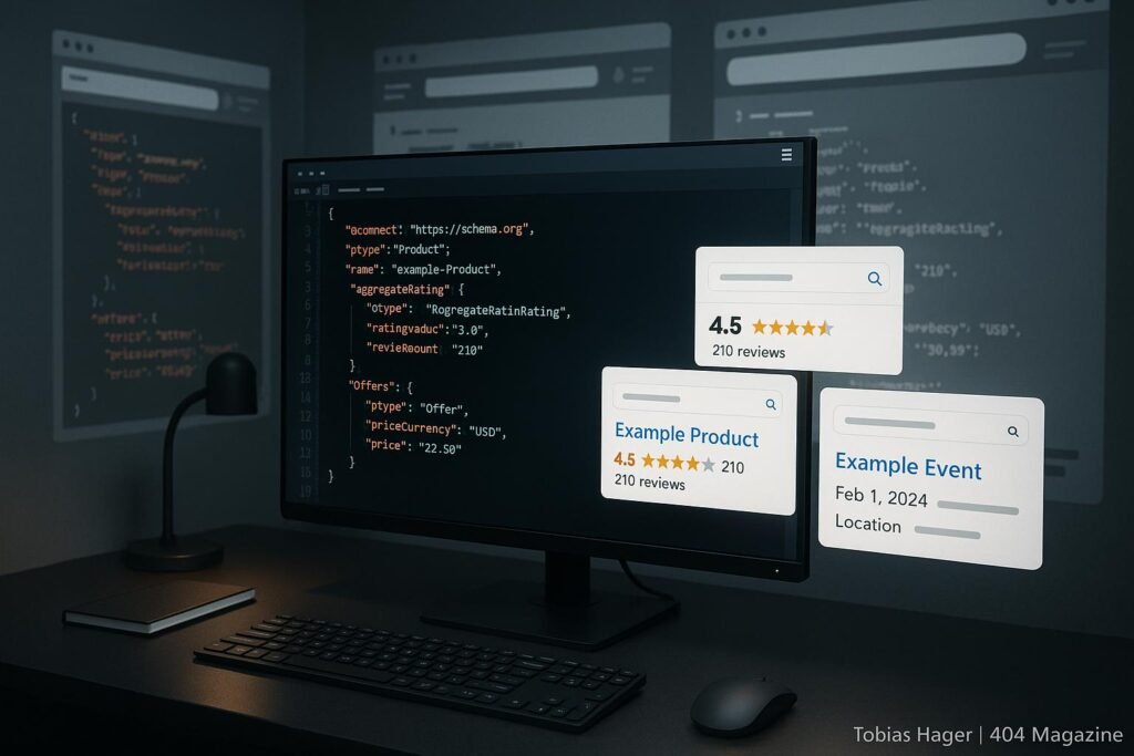 Moderne Arbeitsumgebung mit großem Bildschirm, der eine JSON-LD-Struktur im Code-Editor anzeigt, umgeben von virtuellen Suchmaschinen und stilisierten Webseiten, die sich mit JSON-LD-Implementierungen beschäftigen.