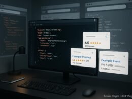 Moderne Arbeitsumgebung mit großem Bildschirm, der eine JSON-LD-Struktur im Code-Editor anzeigt, umgeben von virtuellen Suchmaschinen und stilisierten Webseiten, die sich mit JSON-LD-Implementierungen beschäftigen.