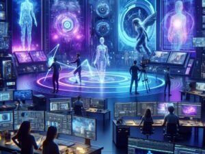 Futuristisches Filmstudio mit holografischen Interfaces, digitalen Effekten und KI-gestützten Animationsprozessen, beleuchtet mit Neonlicht.