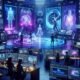 Futuristisches Filmstudio mit holografischen Interfaces, digitalen Effekten und KI-gestützten Animationsprozessen, beleuchtet mit Neonlicht.