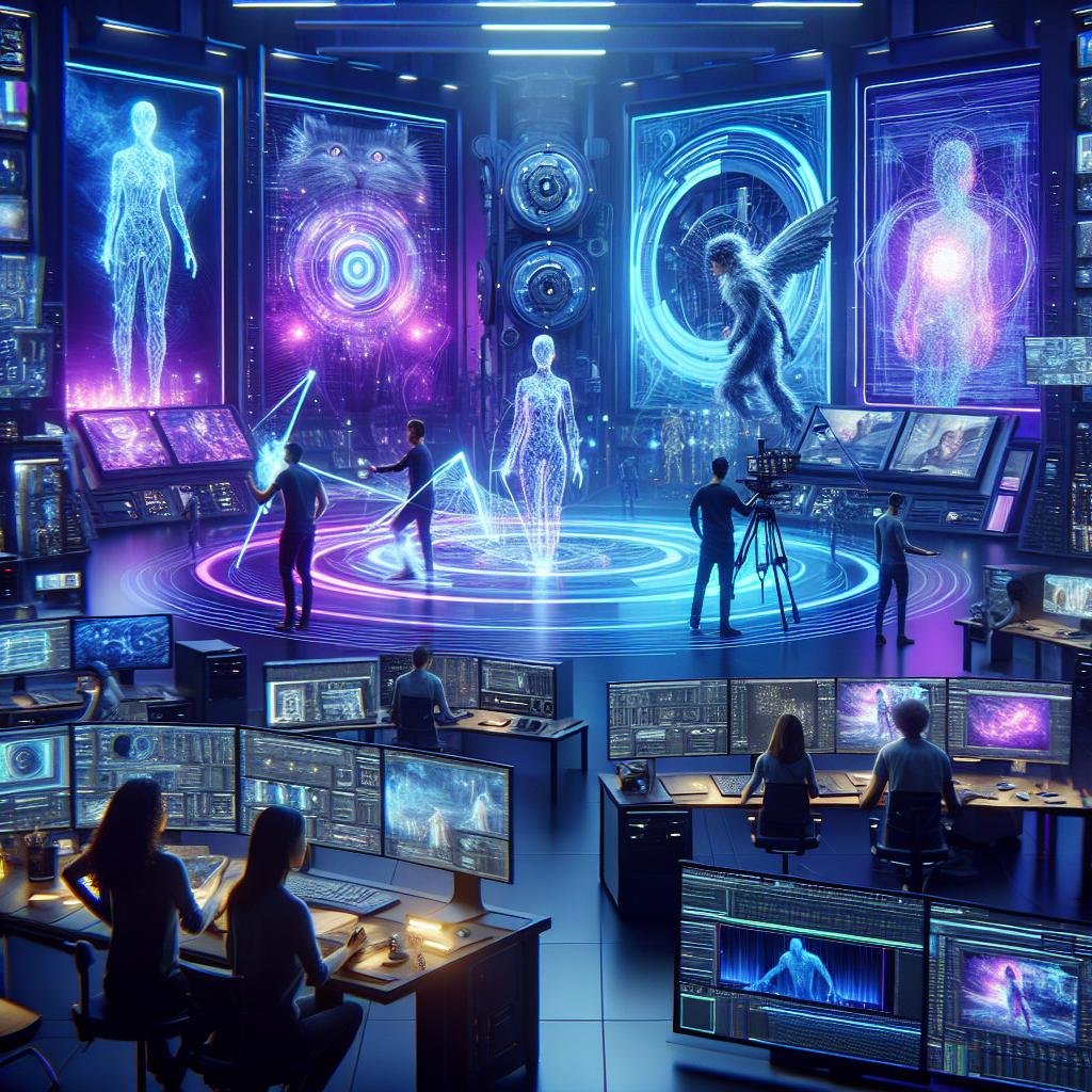 Futuristisches Filmstudio mit holografischen Interfaces, digitalen Effekten und KI-gestützten Animationsprozessen, beleuchtet mit Neonlicht.