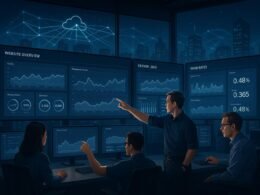 Moderner Kontrollraum mit digitalen Dashboards und Technikern, die Daten analysieren, vor einer glühenden futuristischen Stadtlandschaft mit verbundenen Netzlinien. Credit: 404 Magazine (Tobias Hager)