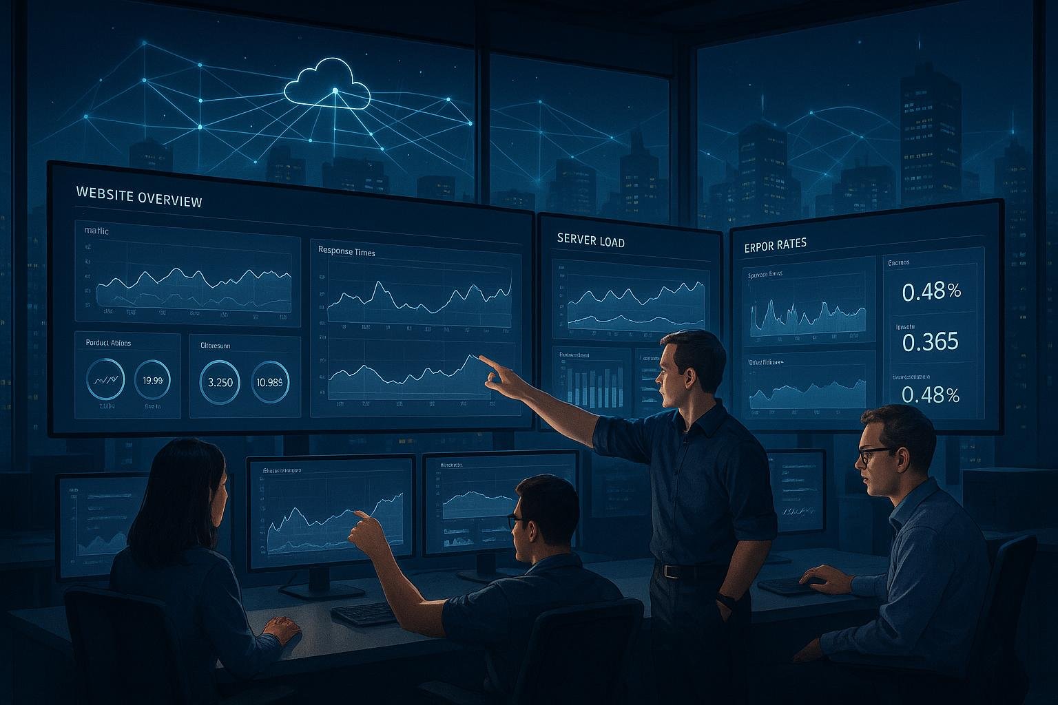 Moderner Kontrollraum mit digitalen Dashboards und Technikern, die Daten analysieren, vor einer glühenden futuristischen Stadtlandschaft mit verbundenen Netzlinien. Credit: 404 Magazine (Tobias Hager)