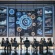 Professionelle Diskussion in einem modernen Konferenzraum über KI-Regulierung mit Digitalanzeigen, Diagrammen und internationalen Vergleichsgrafiken, unter Beteiligung diverser Fachleute.