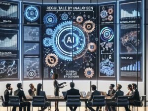 Professionelle Diskussion in einem modernen Konferenzraum über KI-Regulierung mit Digitalanzeigen, Diagrammen und internationalen Vergleichsgrafiken, unter Beteiligung diverser Fachleute.
