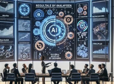 Professionelle Diskussion in einem modernen Konferenzraum über KI-Regulierung mit Digitalanzeigen, Diagrammen und internationalen Vergleichsgrafiken, unter Beteiligung diverser Fachleute.