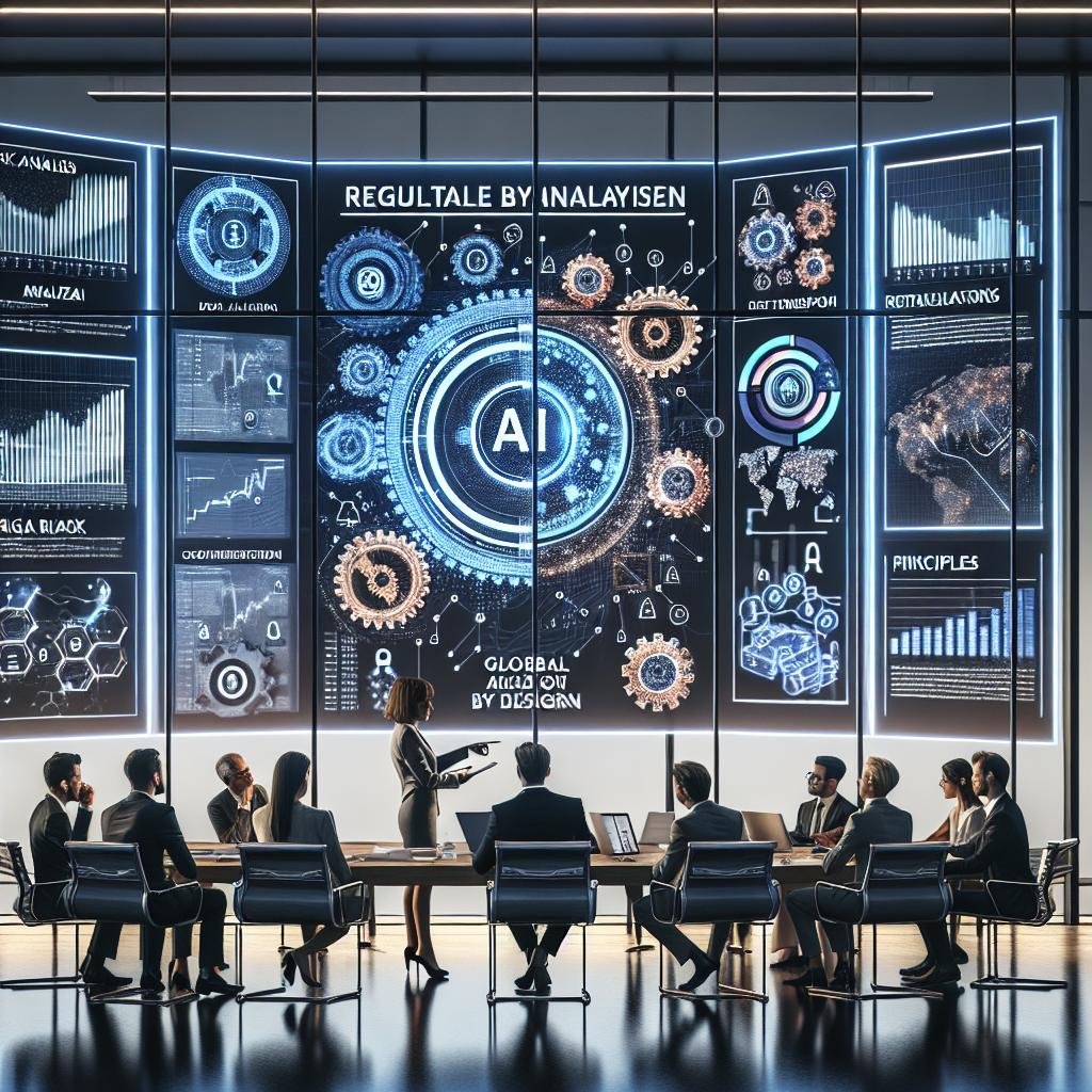 Professionelle Diskussion in einem modernen Konferenzraum über KI-Regulierung mit Digitalanzeigen, Diagrammen und internationalen Vergleichsgrafiken, unter Beteiligung diverser Fachleute.