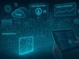 Futuristische Web-Infrastruktur mit digitalen Gates, Cloud-Servern, APIs und Performance-Analysen, die die Rolle der Backend-Architektur in SEO betonen.