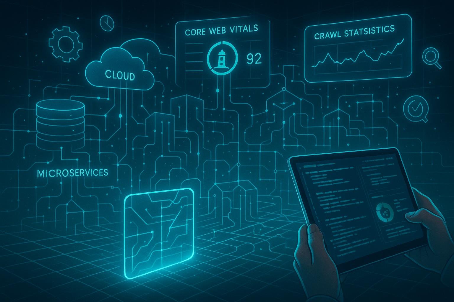 Futuristische Web-Infrastruktur mit digitalen Gates, Cloud-Servern, APIs und Performance-Analysen, die die Rolle der Backend-Architektur in SEO betonen.