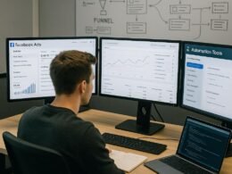 Junger Marketer vor mehreren Bildschirmmonitore mit Facebook-Ads-Dashboards, Notizen und Whiteboards im Hintergrund, symbolisiert technische Präzision und strategische Planung im E-Commerce, Credit: 404 Magazine (Tobias Hager)