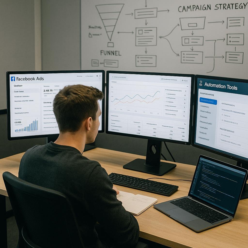 Junger Marketer vor mehreren Bildschirmmonitore mit Facebook-Ads-Dashboards, Notizen und Whiteboards im Hintergrund, symbolisiert technische Präzision und strategische Planung im E-Commerce, Credit: 404 Magazine (Tobias Hager)