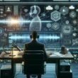 Ein modernes Arbeitsplatz mit KI-gestützter Transkription, Sprachaufzeichnung und digitalem Datenstream, der Innovation und technologische Fortschritte zeigt