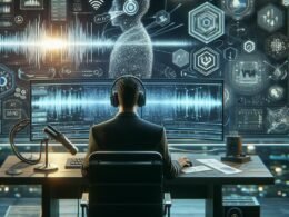 Ein modernes Arbeitsplatz mit KI-gestützter Transkription, Sprachaufzeichnung und digitalem Datenstream, der Innovation und technologische Fortschritte zeigt