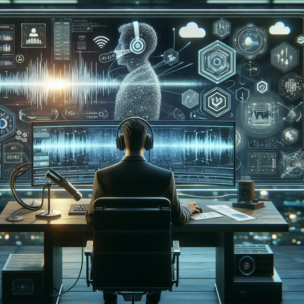 Ein modernes Arbeitsplatz mit KI-gestützter Transkription, Sprachaufzeichnung und digitalem Datenstream, der Innovation und technologische Fortschritte zeigt