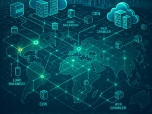 Hochdetaillierte digitale Karte mit verbundenen Serverfarmen, Datenströmen und futuristischem Stadtbild, betont die Komplexität des Webcrawler-Netzwerks für SEO.