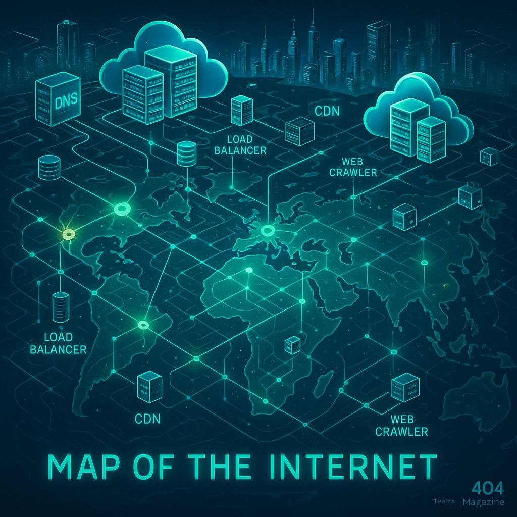 Hochdetaillierte digitale Karte mit verbundenen Serverfarmen, Datenströmen und futuristischem Stadtbild, betont die Komplexität des Webcrawler-Netzwerks für SEO.